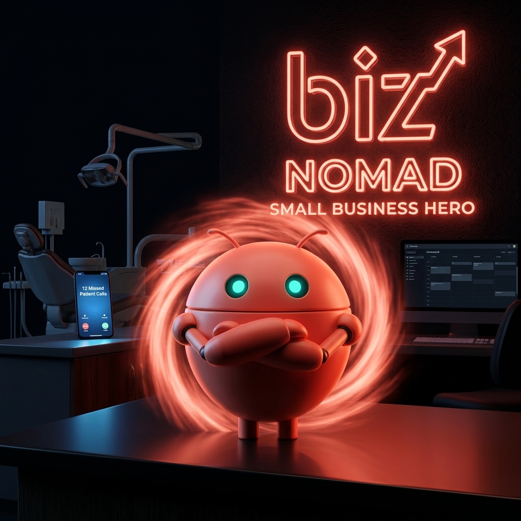 OpenClaw mascot standing confidently in dental office at night, handling missed patient calls