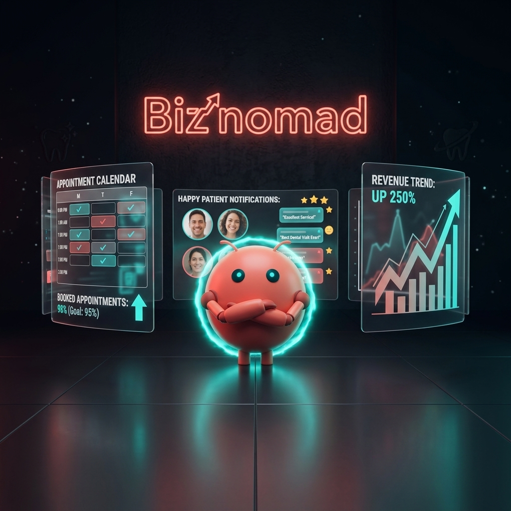 OpenClaw mascot in transformed dental office with revenue graphs trending up